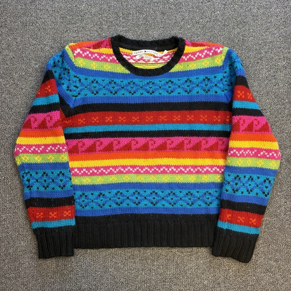 Vintage Tommy Hilfiger Rainbow Women's Sz XL Knit Sweater Block Multicolor Wool‎